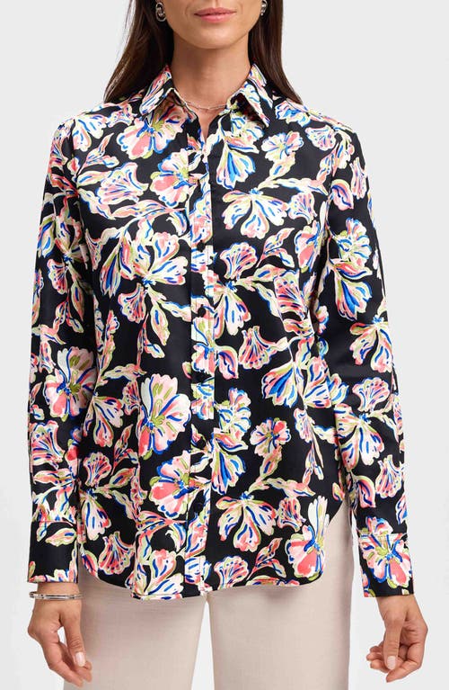 Foxcroft Meghan Floral Print Cotton Button-up Shirt In Black Multi