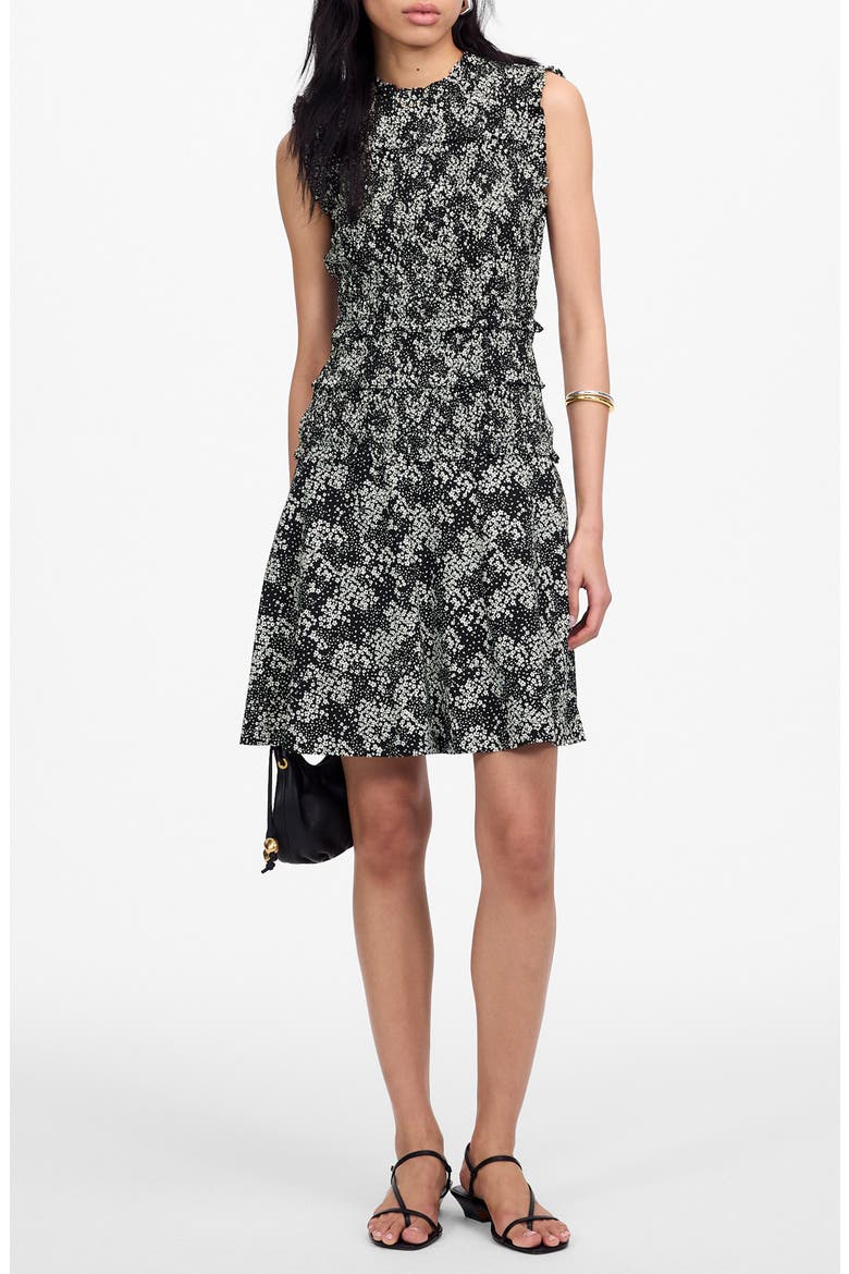Floral Smocked Crewneck Minidress, Main, color, HARPER FLORAL BLACK WHITE