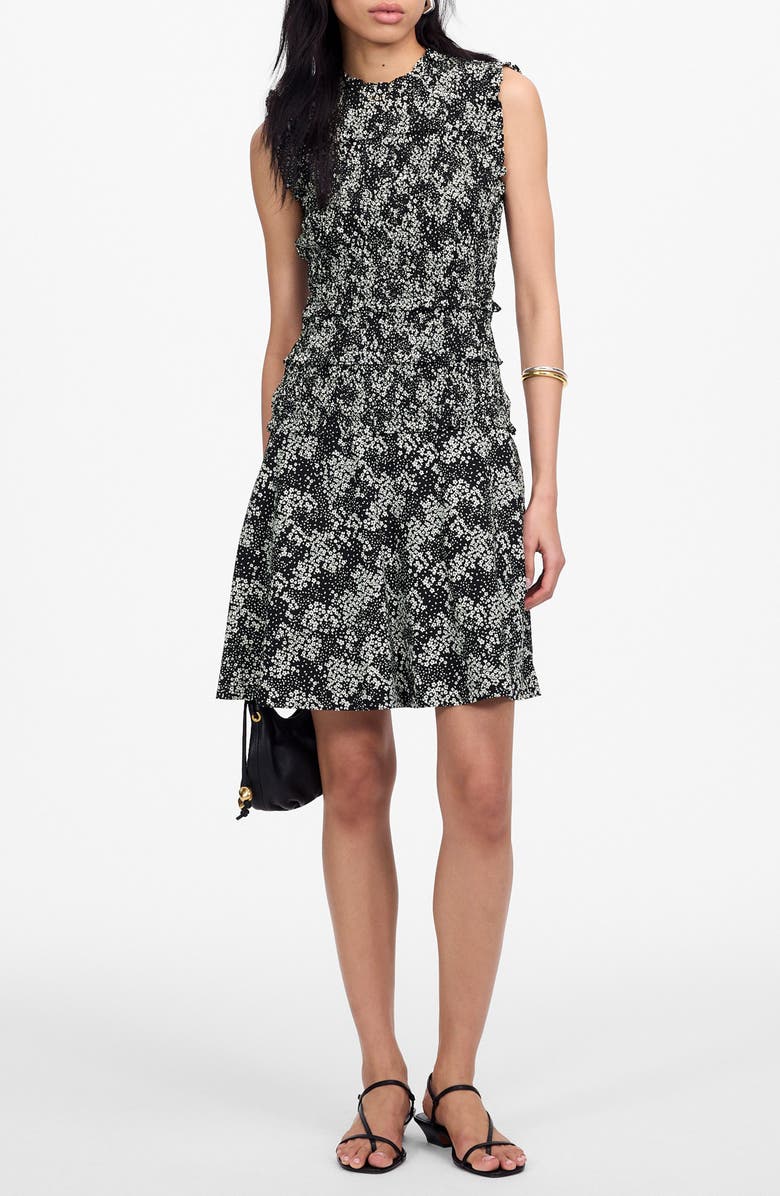 Madewell Floral Smocked Crewneck Minidress, Main, color, Harper Floral Black White