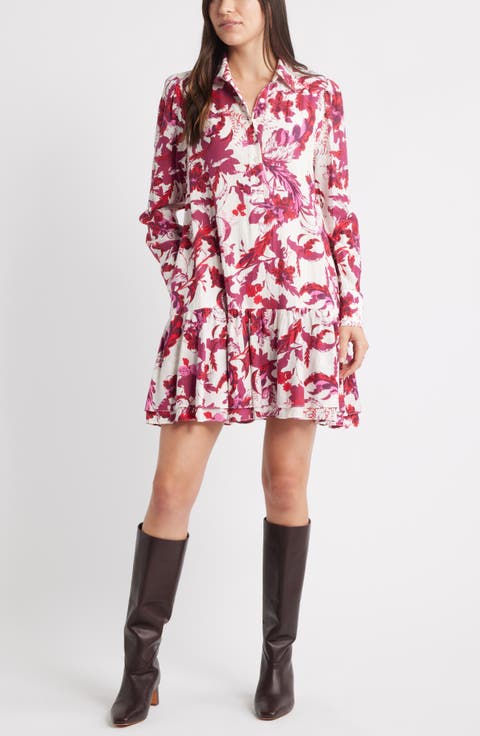 Flounce Hem Long Sleeve Mini Shirtdress