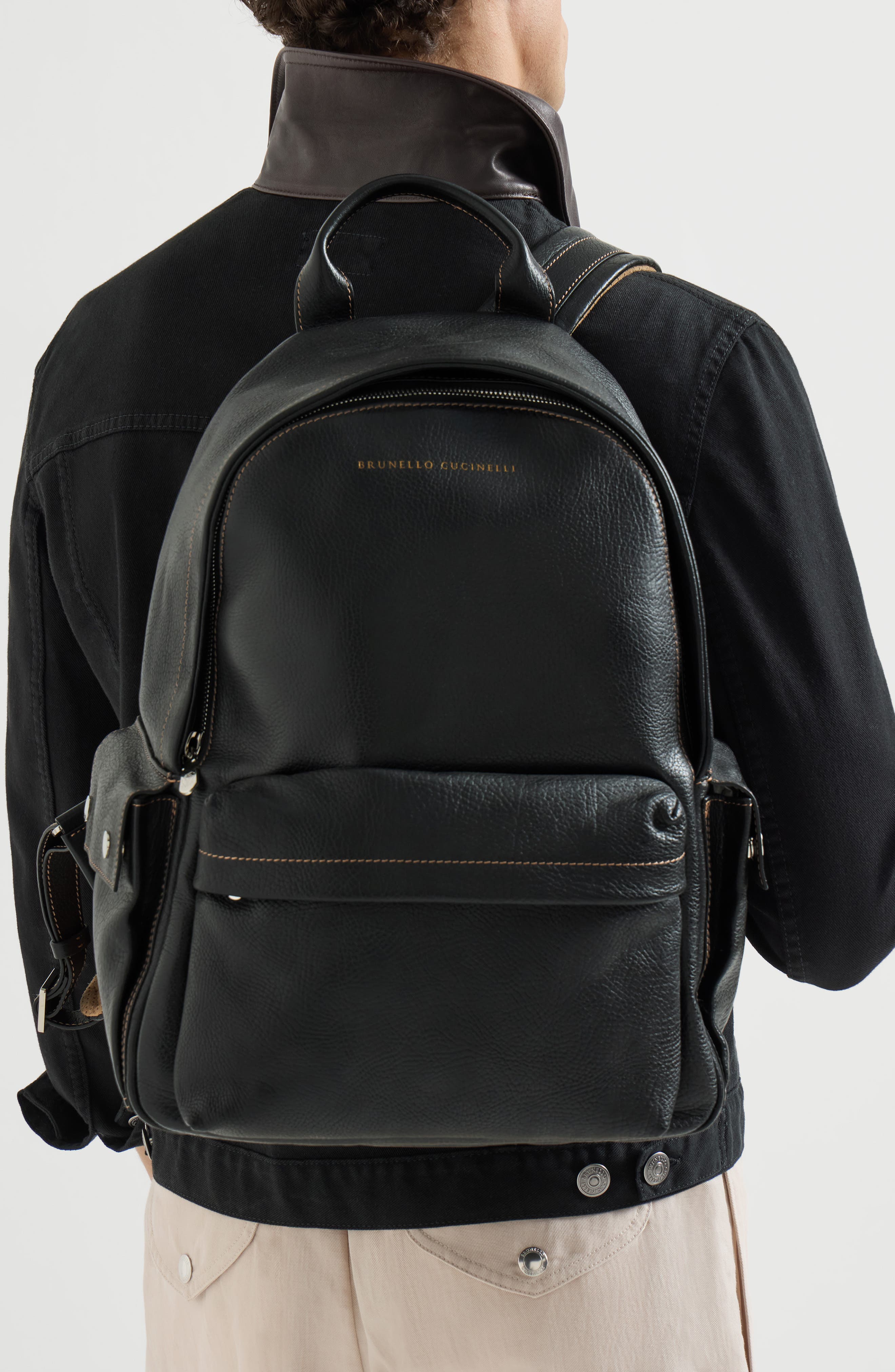 Brunello Cucinelli Grained calfskin travel backpack, Alternate, color, Black