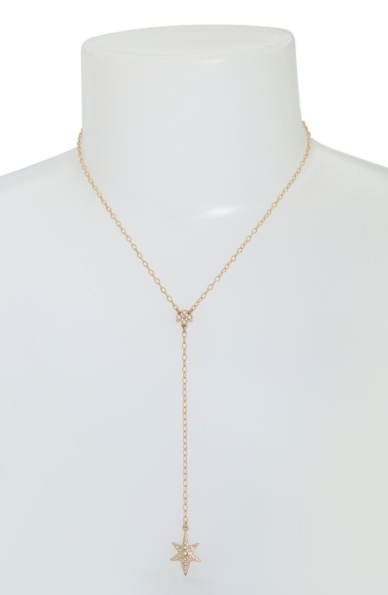 AllSaints Faux Pearl Star Charm Y-Necklace, Alternate, color, Gold