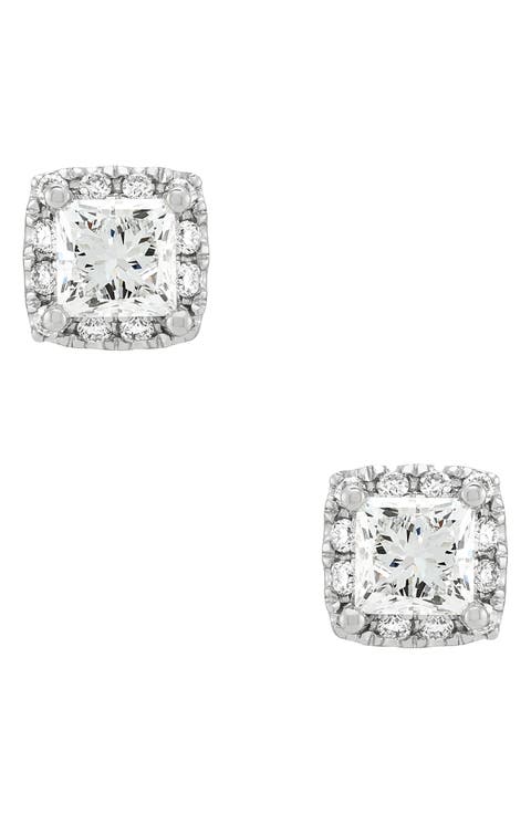 10K White Gold Lab Grown Princess Cut Diamond Halo Stud Earrings