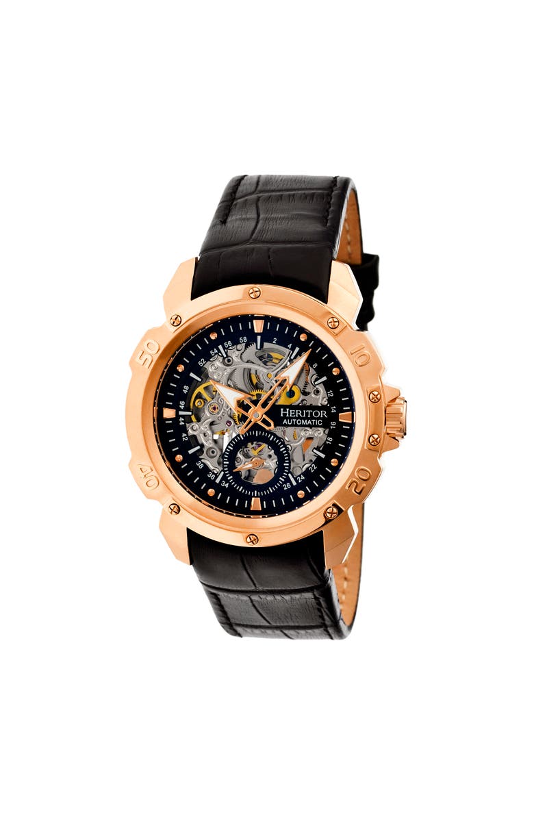 Heritor Automatic Conrad Skeleton Leather-Band Watch, Main, color, Rose Gold/Black