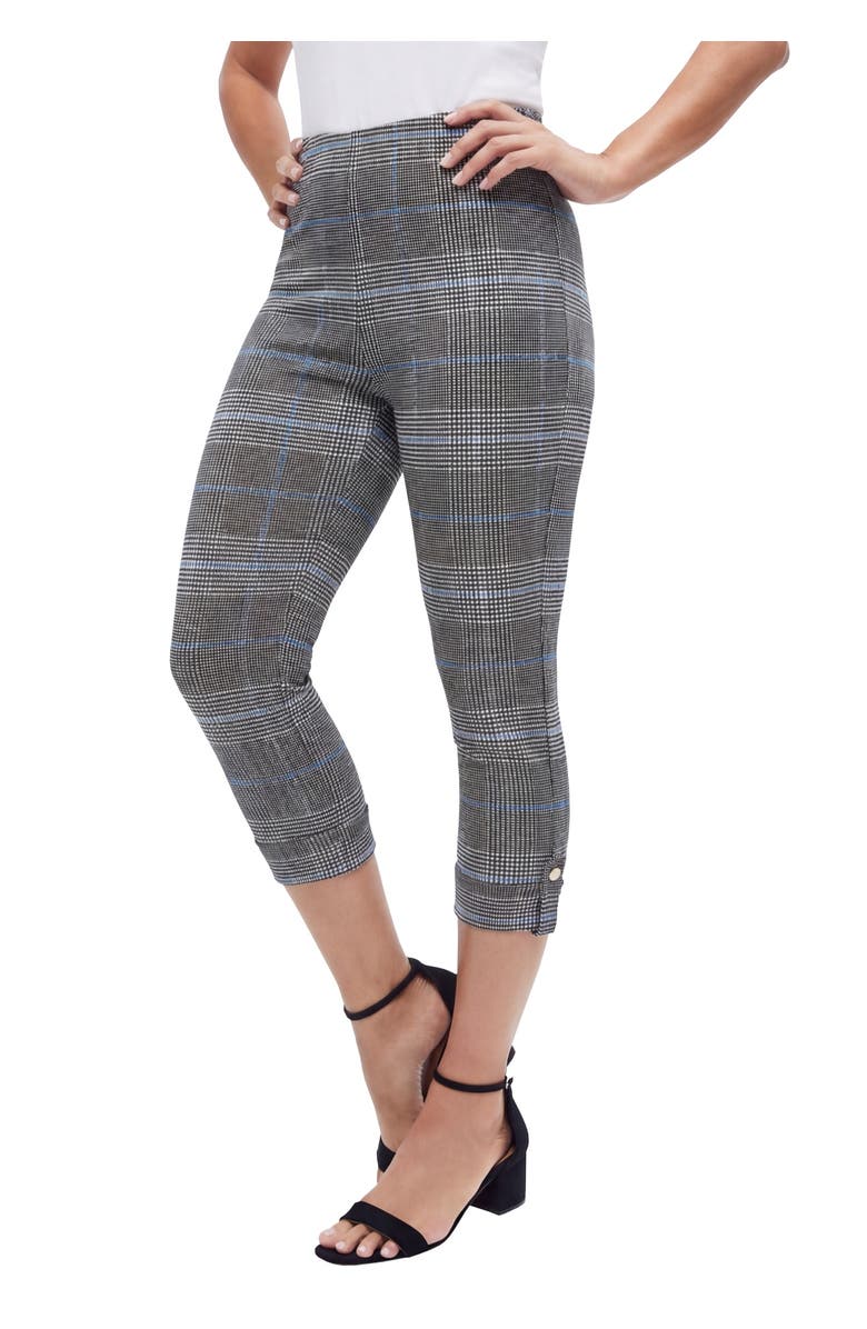 Jessica London Stretch Cotton Cuff-Button Capri Legging, Main, color, Black Blue Plaid