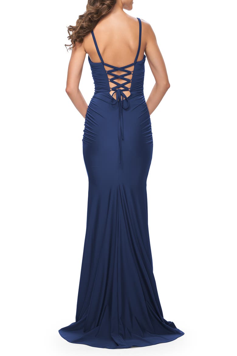 Simple Ruched Jersey Dress with Lace Up Back, Alternate, color, Navy