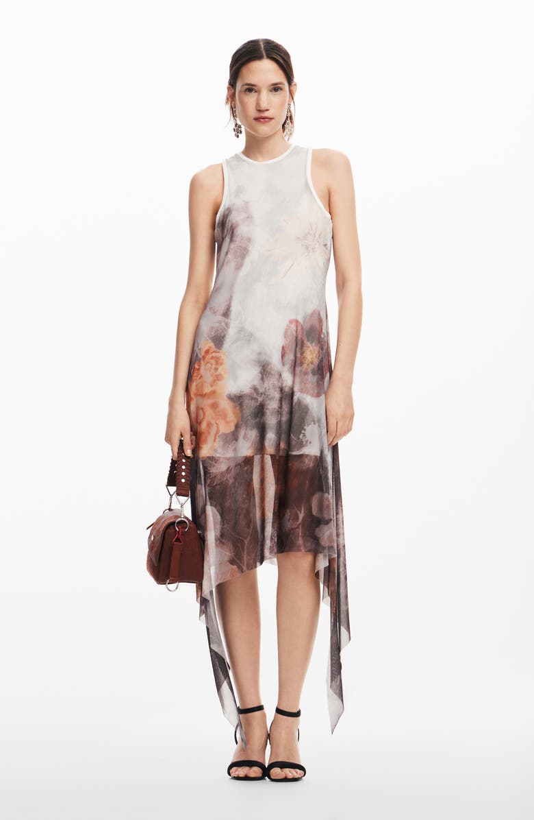 Desigual Floral Sleeveless Handkerchief Hem Dress, Alternate, color, Black/ Ivory