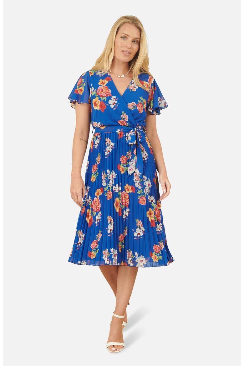 Pleated Floral Tie-Waist Wrap Midi Dress, Main, color, Blue