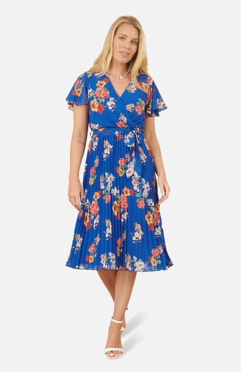 Pleated Floral Tie-Waist Wrap Midi Dress