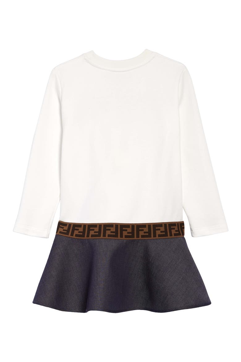 Kids' Long Sleeve Logo Dress with Denim Skirt, Alternate, color, WHITE BLUE