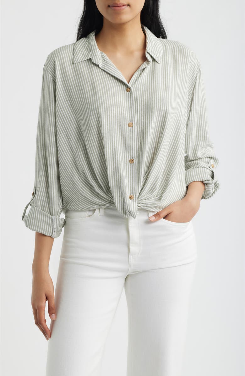 beachlunchlounge Vivica Stripe Twist Hem Button-Up Shirt, Main, color, New Moss