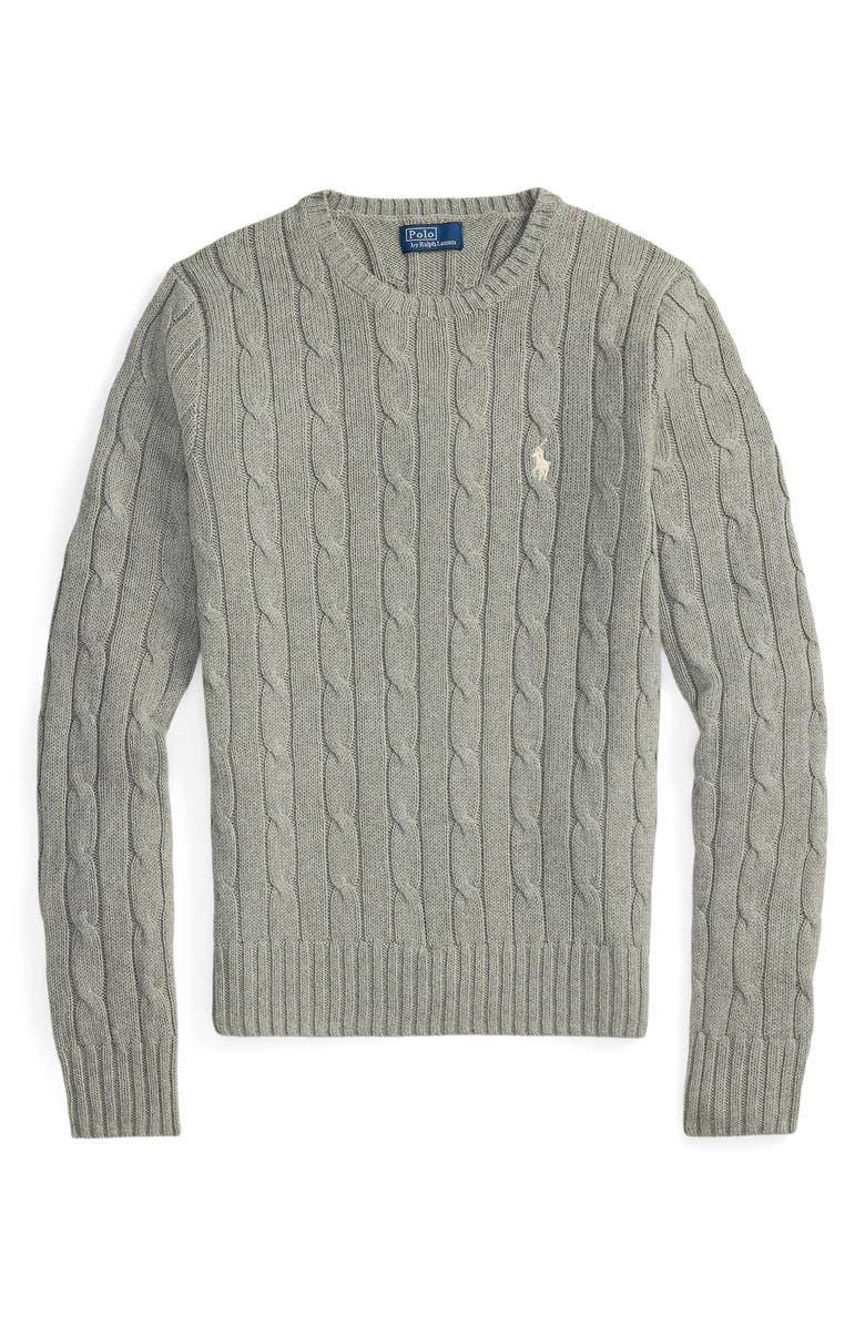Polo Ralph Lauren Cable Cotton Crewneck Sweater, Alternate, color, Fawn Grey Heather