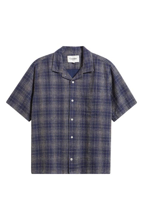 Wavy Plaid Short Sleeve Cotton & Linen Camp Shirt