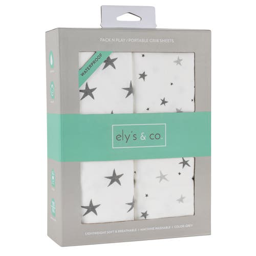 Ely's & Co. Baby Fitted Waterproof Pack N Play | Mini Portable Crib Sheet Set 2 Packs In Grey Stars
