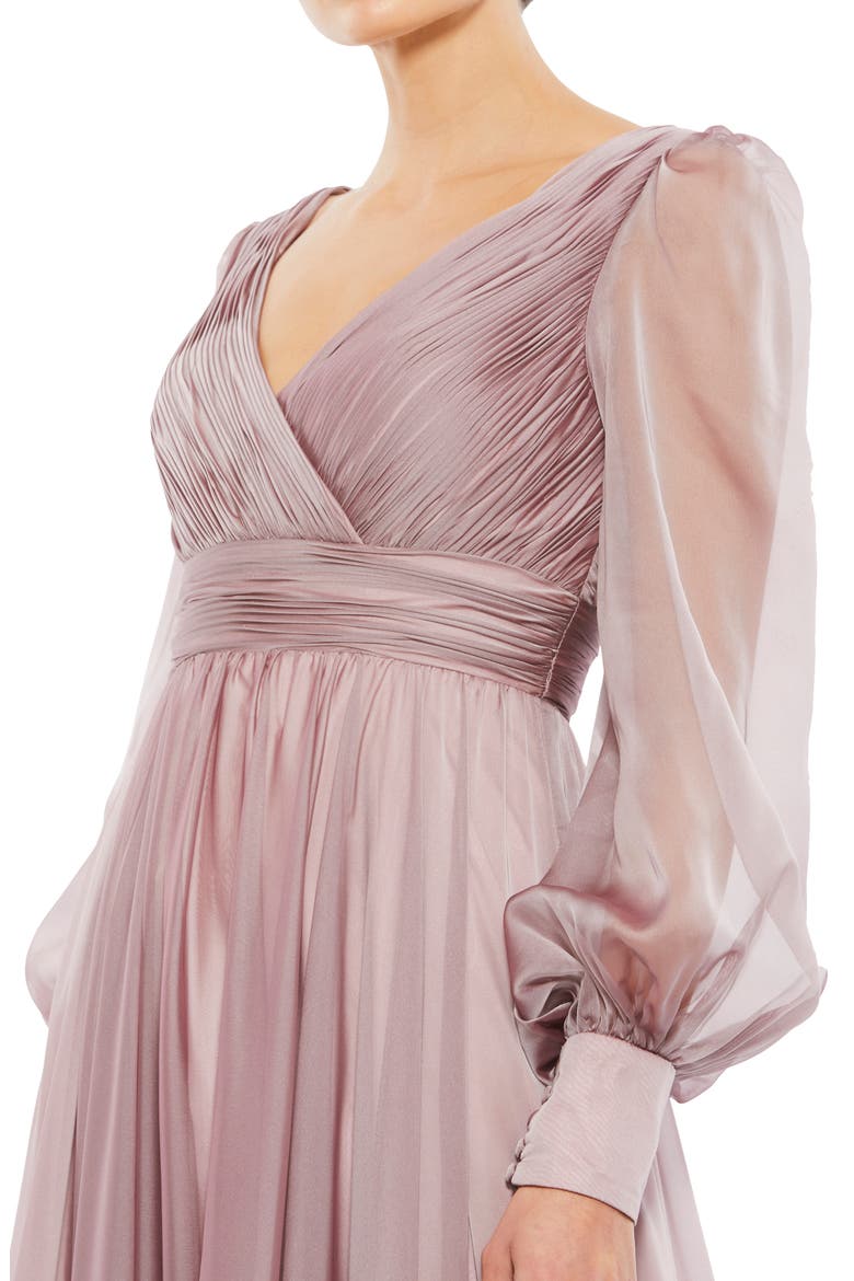 Long Sleeve Satin & Chiffon Tiered Gown, Alternate, color, MOCHA