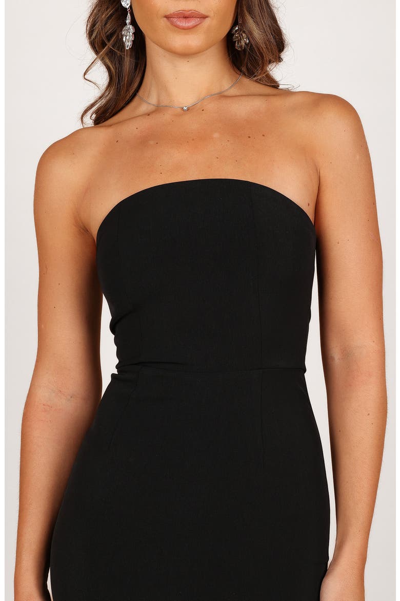 Clara Feather Trim Strapless Cocktail Midi Dress, Alternate, color, BLACK