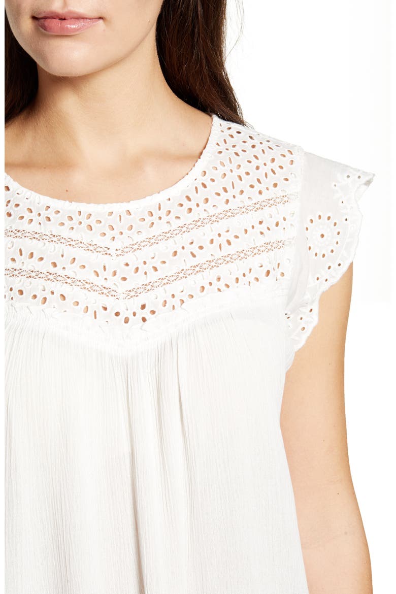 Eyelet Yoke Gauze Cap Sleeve Top (Nordstrom Exclusive), Alternate, color, OFF WHITE