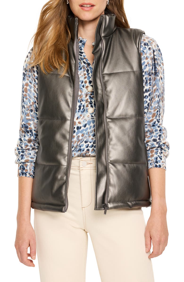 NIC+ZOE Metallic Faux Leather Puffer Vest, Main, color, Bronze