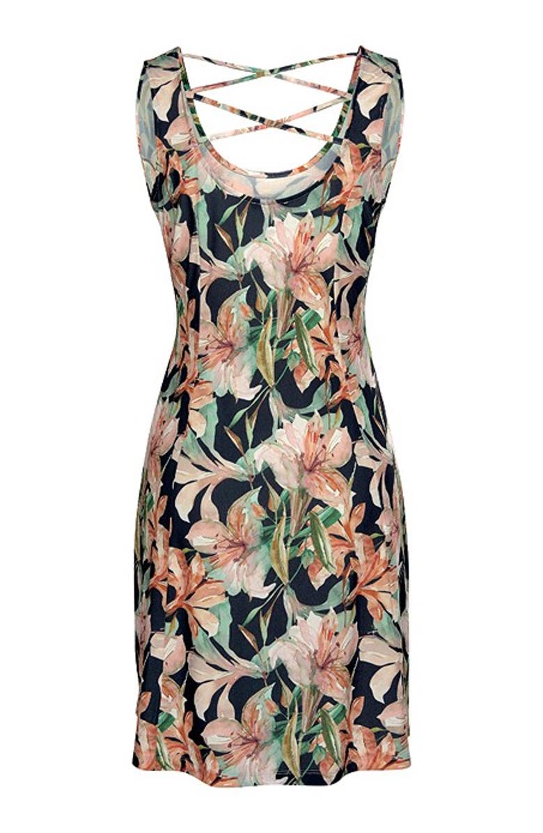 LASCANA Women's Strappy Back Print Dress, Alternate, color, Orange & Navy