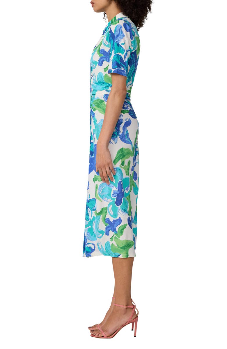 Diane von Furstenberg Zoey Floral Short Sleeve Ruched Midi Shirtdress, Alternate, color, Cote Ibiza Blue