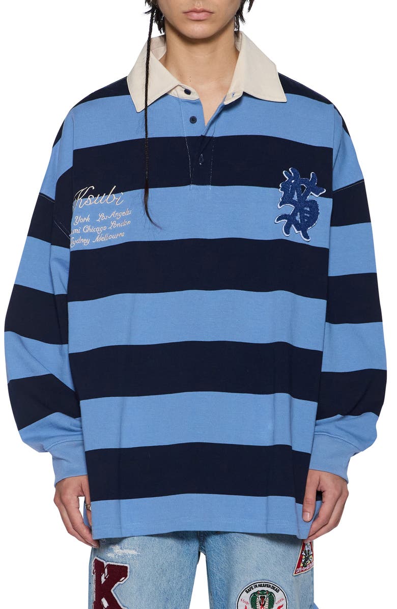 Ksubi Stripe Appliqué Cotton Rugby Shirt, Main, color, Light Blue