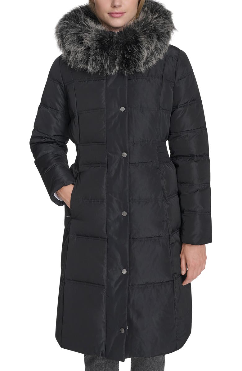 Cole Haan Signature Hooded Puffer Coat with Bib & Faux Fur Trim, Main, color, Black