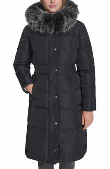 Hooded Puffer Coat with Bib & Faux Fur Trim