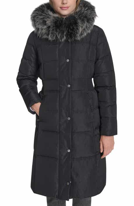 Hooded Puffer Coat with Bib & Faux Fur Trim