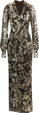 Betsy & Adam V-Neck Crinkle Metallic Floral Dress