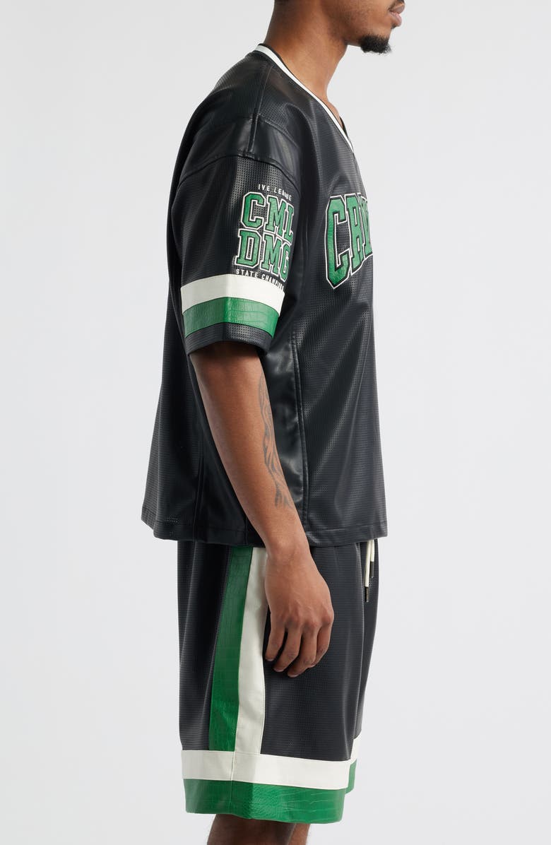 CRIMINAL DAMAGE Stadium Faux Leather Jersey, Alternate, color, Black/Green/White