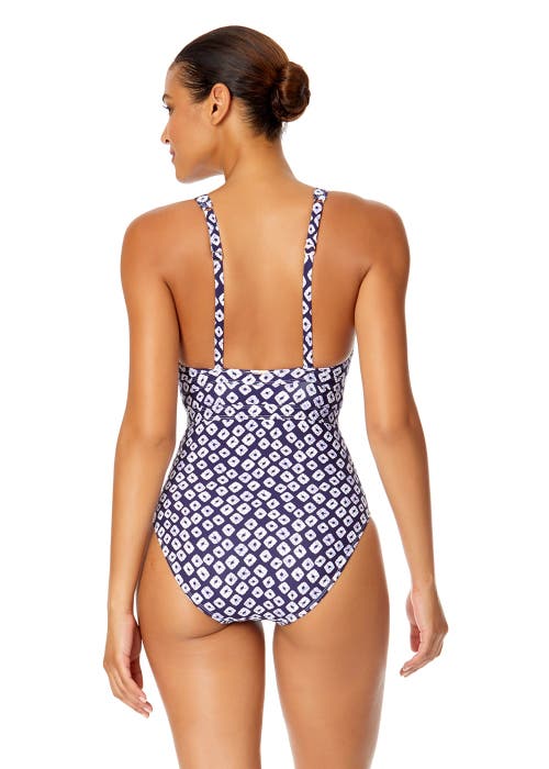 ANNE COLE TIE DYE IKAT DOUBLE RING PLUNGE FRONT ONE PIECE SWIMSUIT