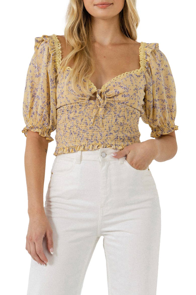 Floral Lace Smocked Top, Main, color, YELLOW MULTI