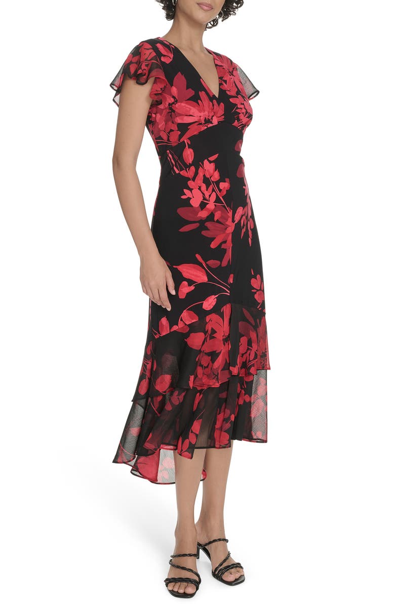 Tommy Hilfiger Chiffon Flutter Sleeve Midi Dress, Alternate, color, Deep Scarlet Multi