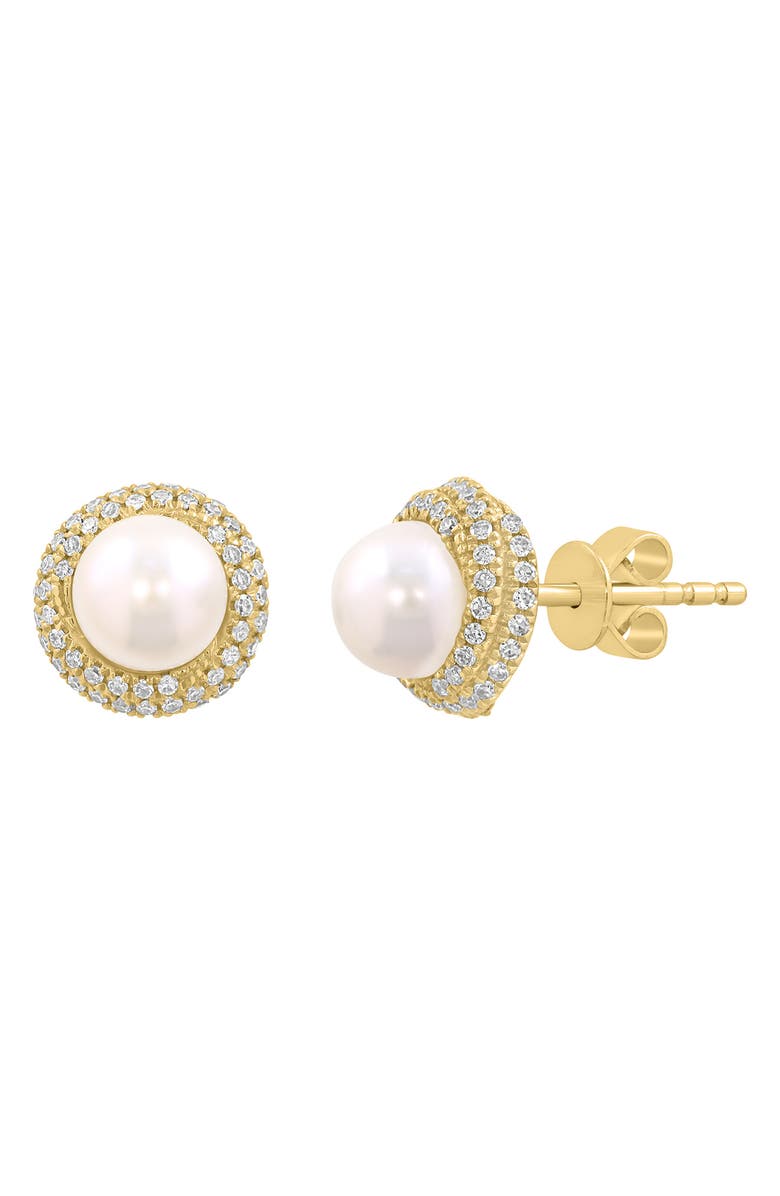 EFFY 14K Yellow Gold Cultured Freshwater Pearl Diamond Halo Stud Earrings, Alternate, color, White