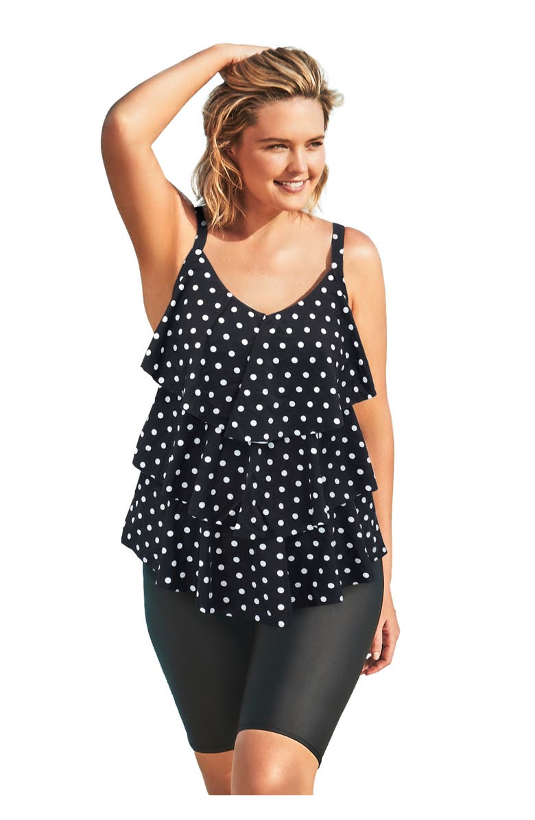 Swim 365 Longer-Length Tiered-Ruffle Tankini Top, Main, color, Black Dots