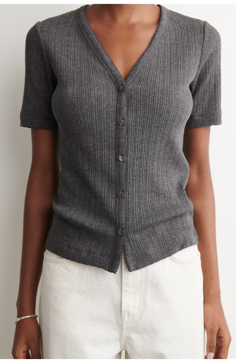 COS Pointelle-knit Short-sleeved Cardigan, Alternate, color, Charcoal