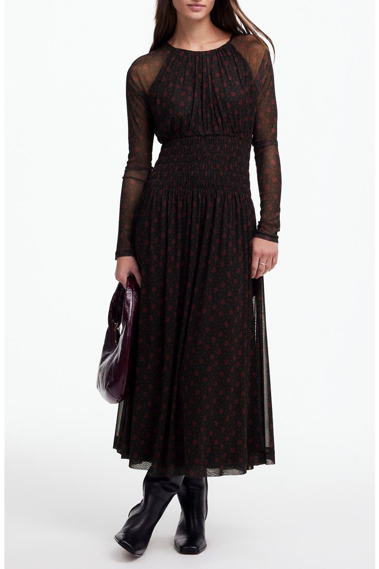 Floral Long Sleeve Smocked Midi Dress, Main, color, BRIGHT CHERRY