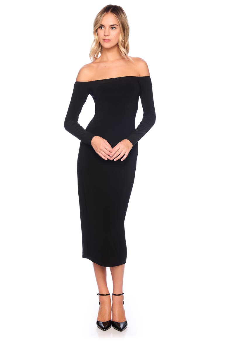 Off the Shoulder Long Sleeve Matte Jersey Maxi Dress, Alternate, color, BLACK