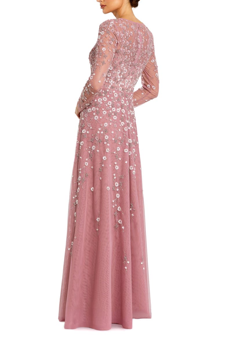 Embellished Wrap Over Illusion Long Sleeve A Line Gown, Alternate, color, Berry