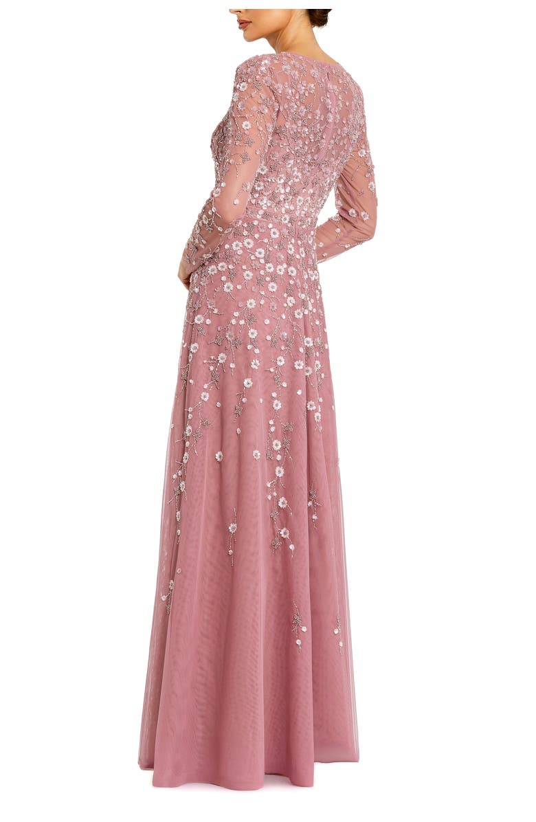 Mac Duggal Embellished Wrap Over Illusion Long Sleeve A Line Gown, Alternate, color, Berry