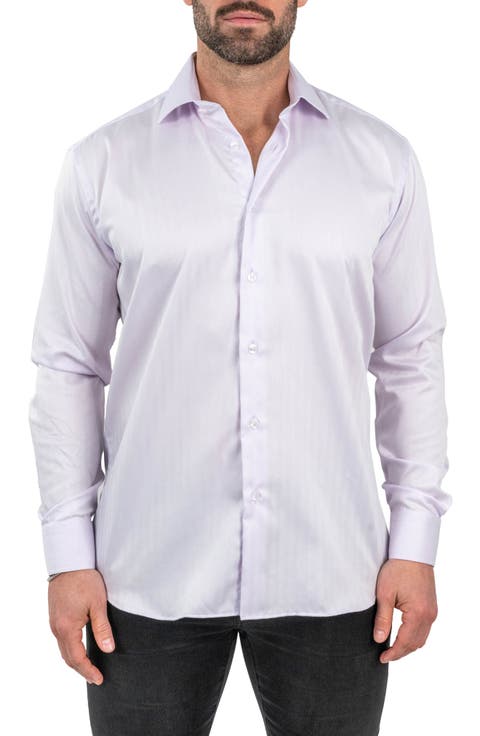 Classic Sheer Lilac Cotton Herringbone Button-Up Shirt