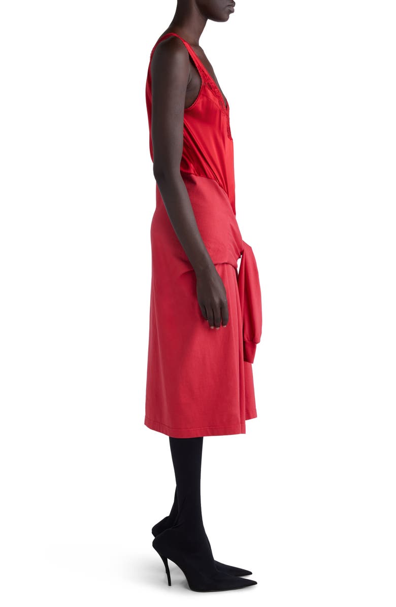 Balenciaga Hybrid Mixed Media Tie Waist Silk & Cotton Dress, Alternate, color, Lipstick Red