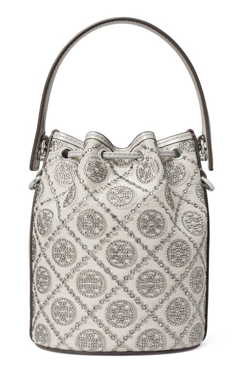 Tory Burch Crystal Detail Monogram Mini Bucket Bag In Gray