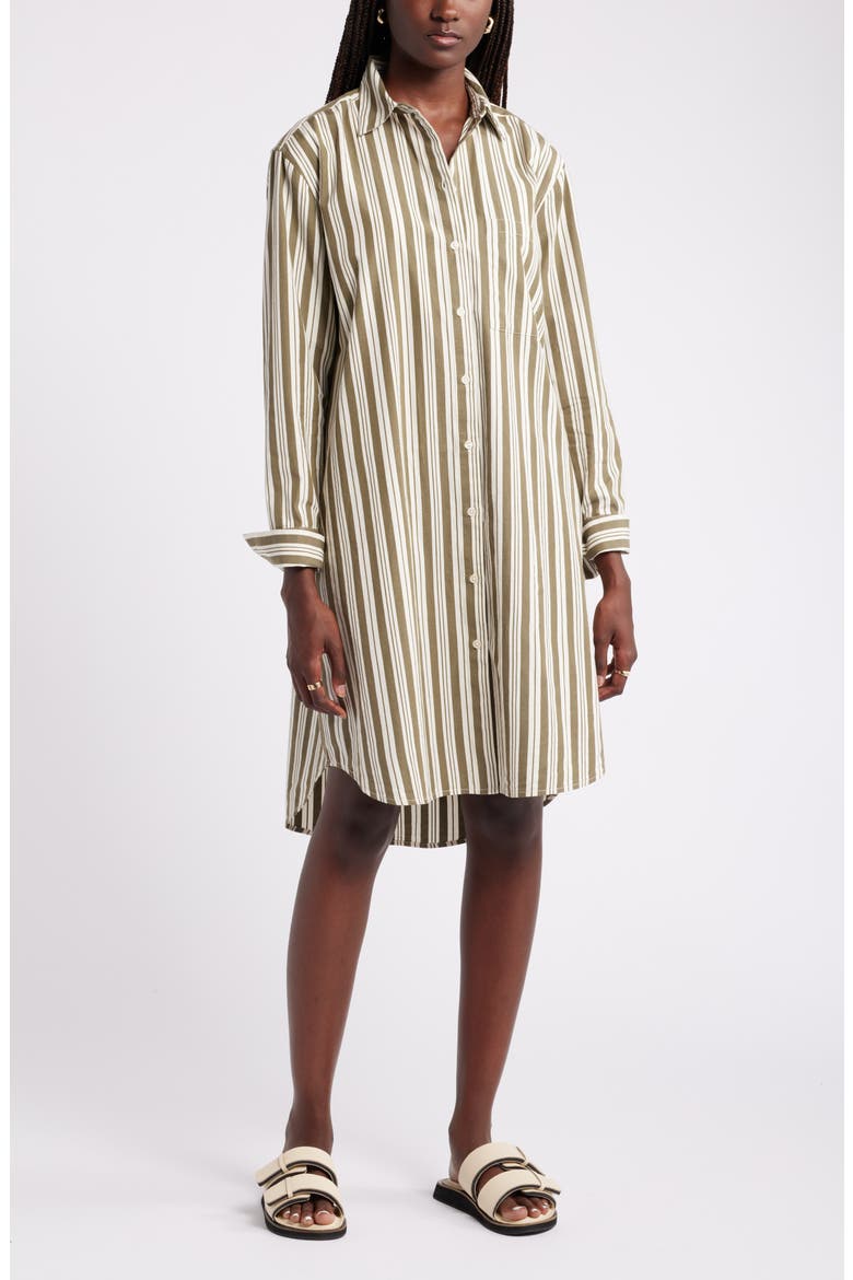 Stripe Long Sleeve Cotton Shirtdress, Main, color, OLIVE- IVORY LEON STRIPE
