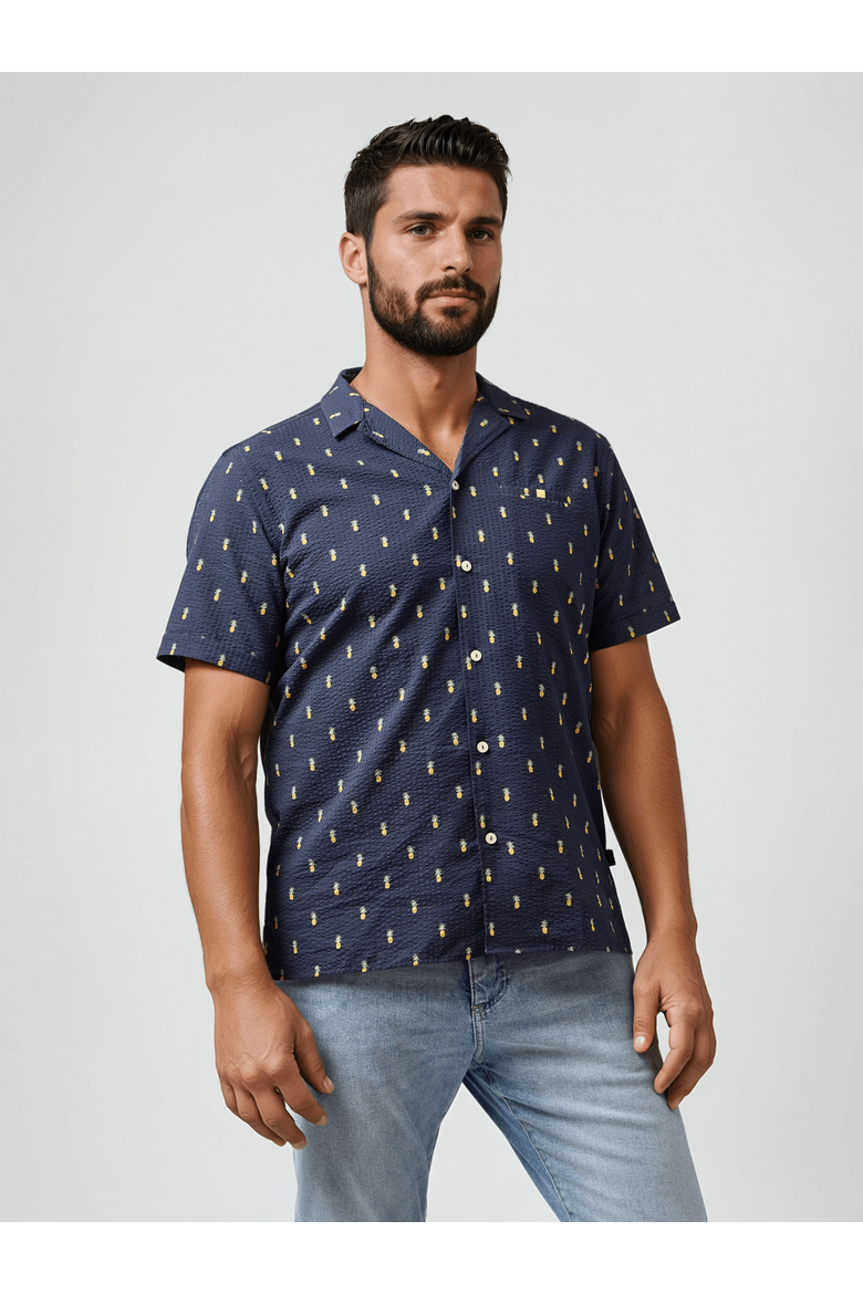 Seersucker Pineapple Print Resort SS Button-Up Shirt, Main, color, Dark Navy