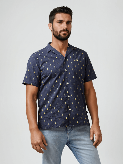 Seersucker Pineapple Print Resort SS Button-Up Shirt
