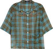 Undercover Metallic Stripe Plaid Silk Blend Camp Shirt