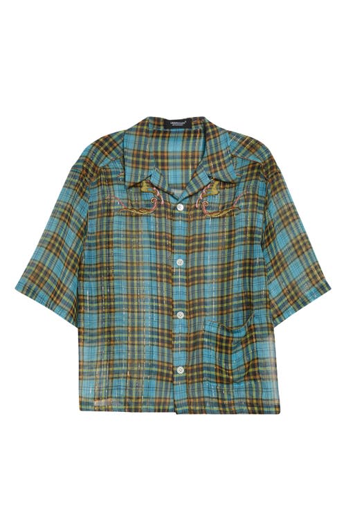 Undercover Metallic Stripe Plaid Silk Blend Camp Shirt In Green