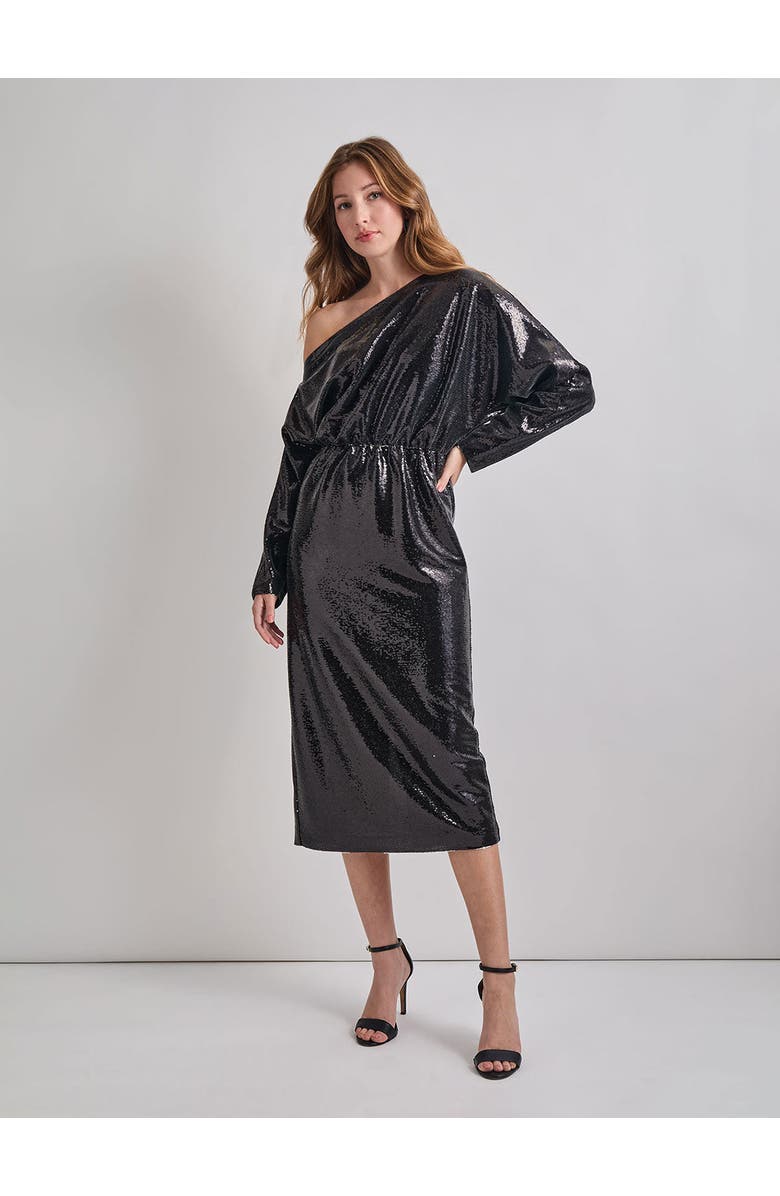 Misook Modern Fit Sequin Novelty Woven Blouson Midi Dress, Alternate, color, Black