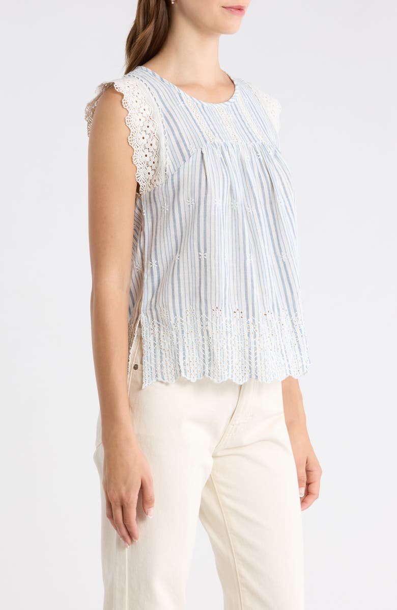 Lucky Brand Lace & Embroidery Detail Stripe Cotton & Linen Top, Alternate, color, Blue Stripe